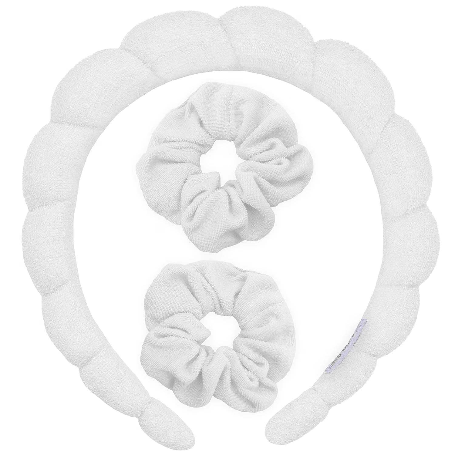 Girls Terry Cloth Skincare Headband with Scrunchies, Non-Slip, White, 3 Ct