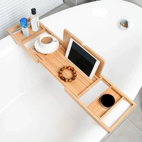 Bathtub Caddy Tray Expandable to 105Cm with Bamboo Book Stand and Soap Tray,