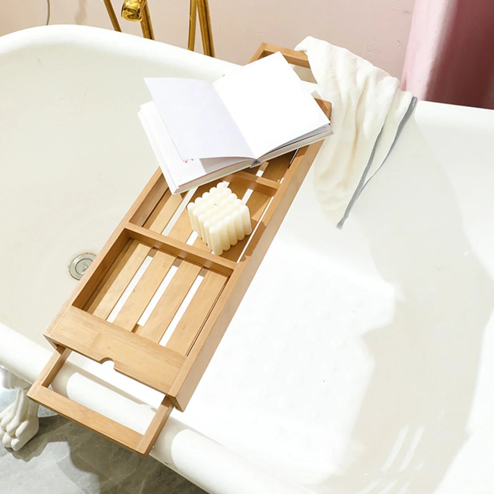 Bathtub Caddy Tray Expandable to 105Cm with Bamboo Book Stand and Soap Tray,