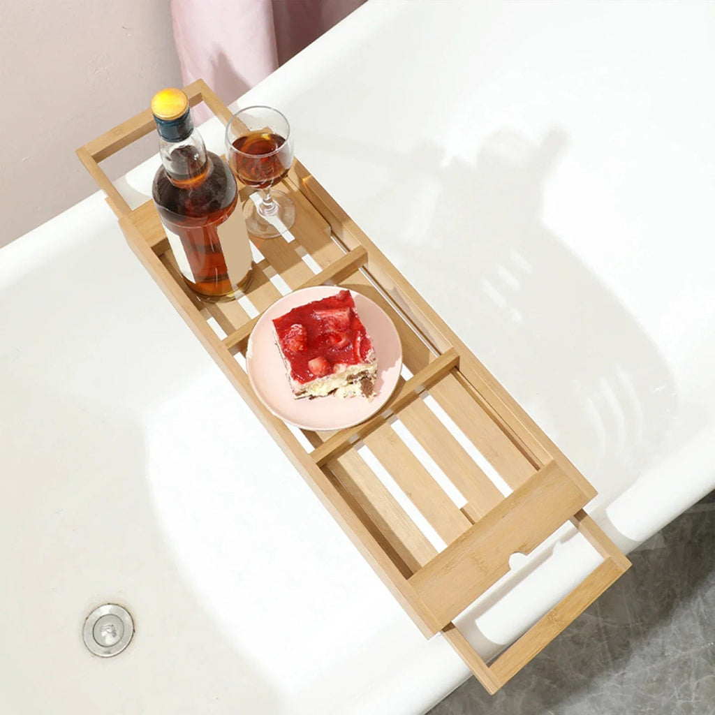 Bathtub Caddy Tray Expandable to 105Cm with Bamboo Book Stand and Soap Tray,