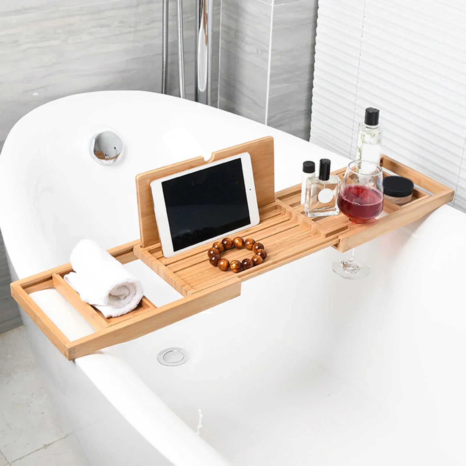 Bathtub Caddy Tray Expandable to 105Cm with Bamboo Book Stand and Soap Tray,